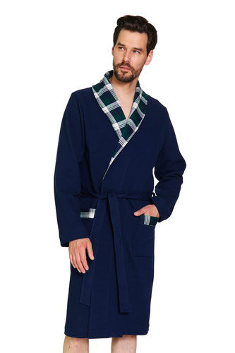 7366 Doctor Nap | Accappatoio premium da uomo blu navy con finiture a quadri - 100% cotone - blu navy