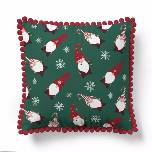 5383 Una federa decorativa natalizia Christmas Deco Detexpol con gnomi e fiocchi di neve su sfondo verde - zip