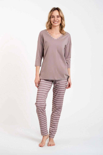 Betty Pigiama donna manica 3/4, pantaloni lunghi Moda italiana - cappuccino/stampa cappuccino