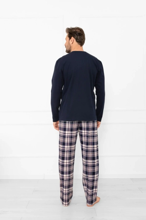 Pigiama da uomo Sambor - cotone, top con bottoni e pantaloni a quadri Moda italiana - blu navy/stampa