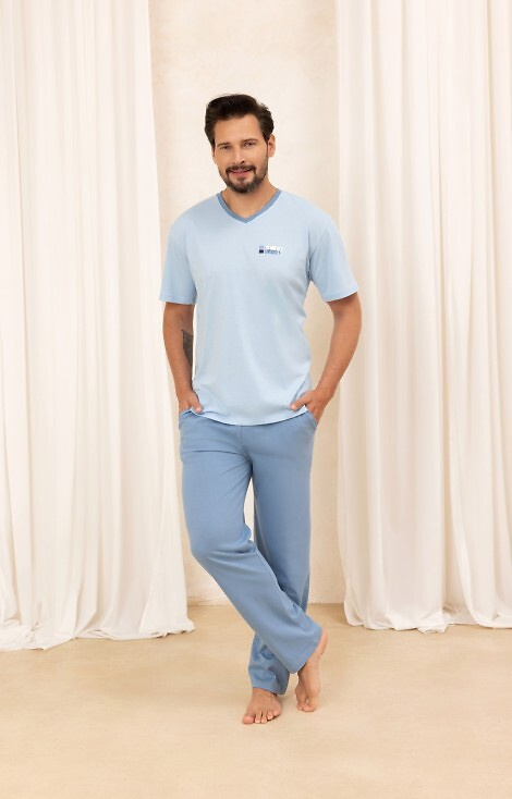 498 Pigiama uomo in cotone blu Regina - T-shirt con scollo a V + pantaloni lunghi