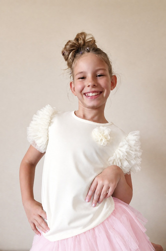 Inez Bambarillo Blusa Bambina con Balze in Tulle e Cotone ecru