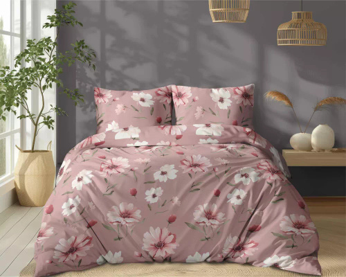 5502 A Biancheria da letto in cotone rosa con fiori e boccioli crema Naturalis- Detexpol