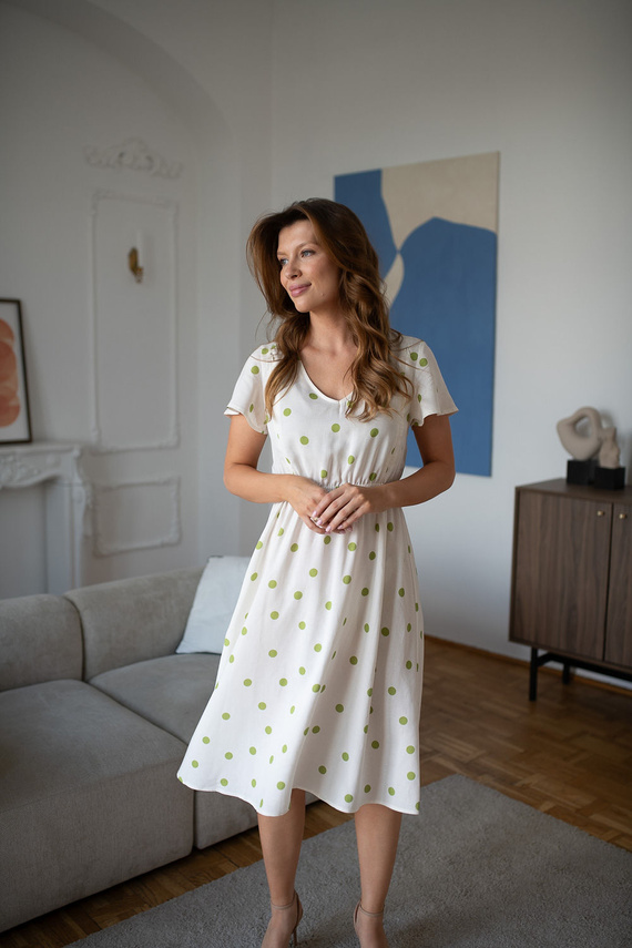 Lovely Dress Midi Milk&Love Abito Premaman e per Allattamento in Lino Pistacchio a Pois