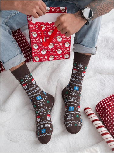 Calze da uomo Milena 1290-046 Ho! Ho! Ho! natalizie in cotone 75% marrone