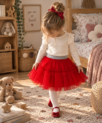 Gonna bambina rossa ST114 in tulle morbido con elastico metallizzato in vita