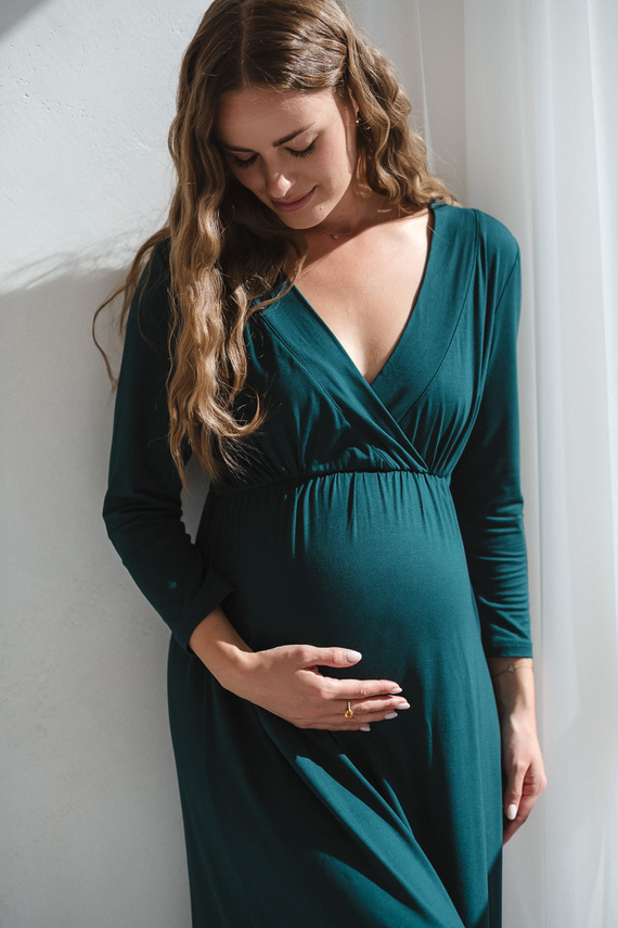 Star Light Camicia da notte in bambù per gravidanza e allattamento 7/8 Milk&Love verde bottiglia - traspirante, per l'ospedale, confortevole per l'allattamento al seno