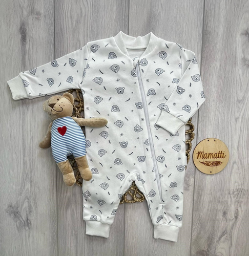 Mamatti Pagliaccetto Neonato Bianco con Orsetti in Cotone con Cerniera
