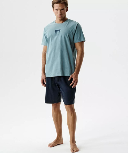 Pigiama uomo estivo in 100% cotone con morbido effetto peach. T-shirt a manica corta con scollo rotondo e pantaloncini ampi con vita regolabile e tasche. Ideale per dormire e rilassarsi a casa. Acquista online.