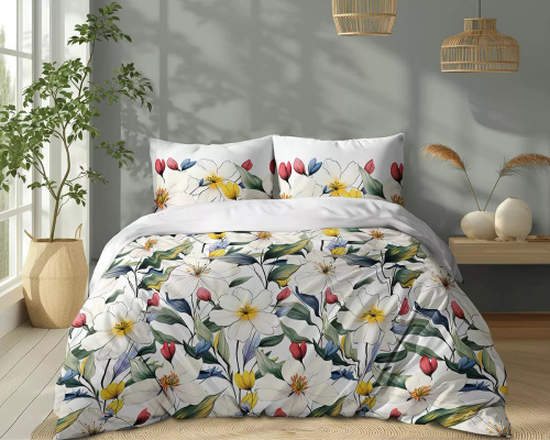 5774 A Cotton Bloom Detexpol biancheria da letto bianca con fiori colorati - 100% cotone, reversibile, produzione polacca