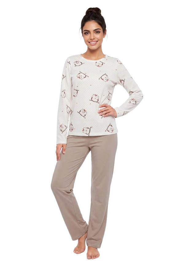Donna Sova Long pigiama donna beige in cotone con stampa gufi, manica lunga e pantaloni