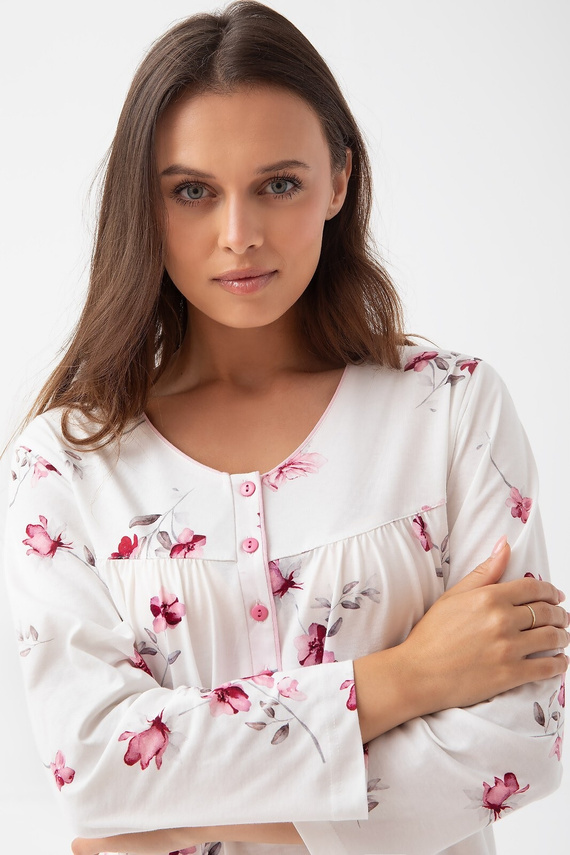 338 Camicia da notte ecru Luna - cotone, manica lunga, scollatura con bottoni