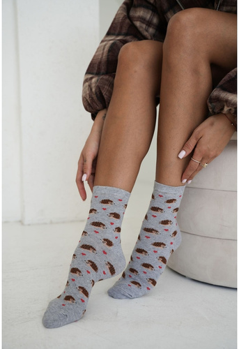 Calze da donna Milena 0200-254 in cotone con riccio e cuoricini fantasia chiaro mélange