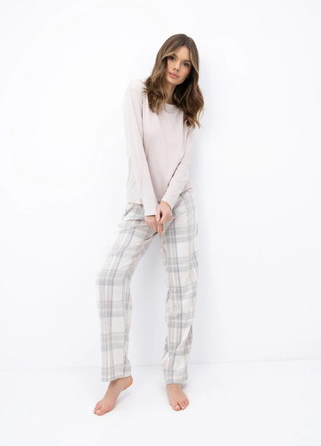 Pigiama donna Sensis Sable beige in bambù, manica lunga, pantaloni a quadri