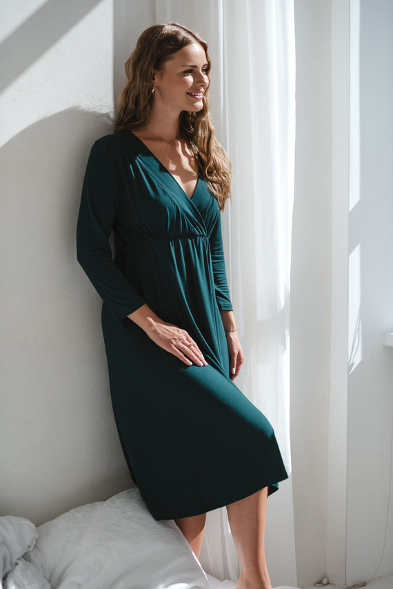 Star Light Camicia da notte in bambù per gravidanza e allattamento 7/8 Milk&Love verde bottiglia - traspirante, per l'ospedale, confortevole per l'allattamento al seno