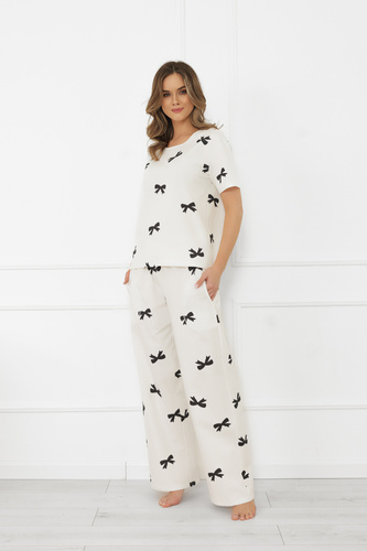 Pigiama da donna Figaro - ecru, cotone, manica corta + pantaloni lunghi Moda italiana