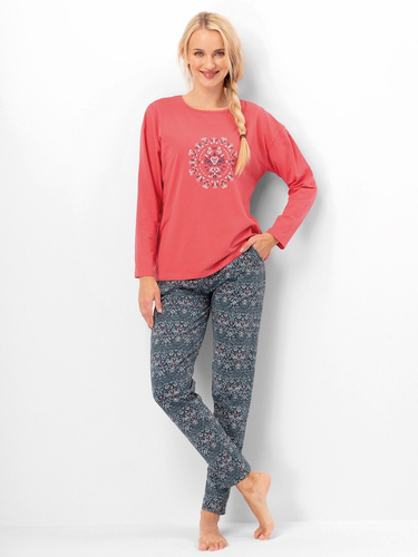 Pigiama da donna Key LNS 703 in cotone corallo, manica lunga, elegante