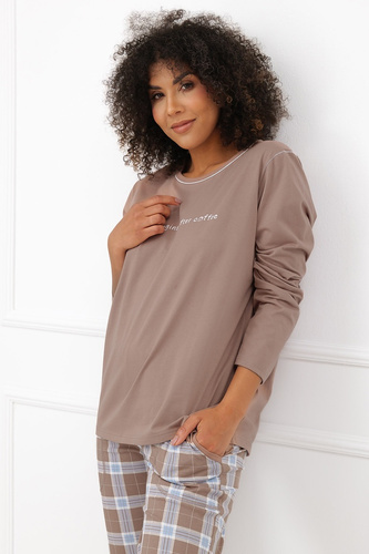 Pigiama donna Italian Fashion Delma 100% cotone pantaloni lunghi a quadri cappuccino
