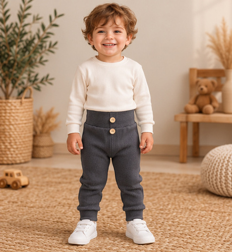 Leggings da bambino LC010 in cotone a coste color mare con bottoni in legno