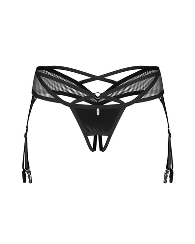Perizoma Obsessive Dominna Crotchless nero - lucentezza del lattice, cavallo aperto, reggicalze