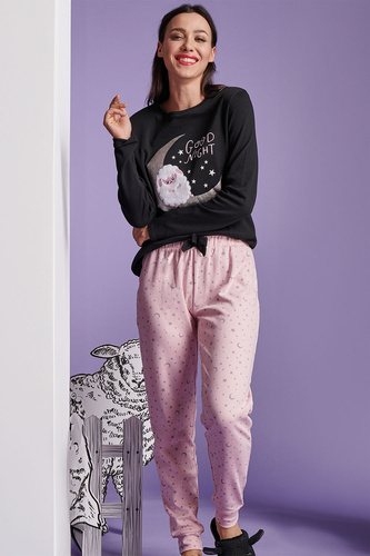 Shearly Pigiama da donna Sorbetto nero - 100% cotone, applicazioni 3D, pantaloni con coulisse