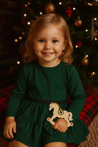 Abito Mamatti bambina in cotone SE03 Merry Christmas - verde bottiglia, manica lunga