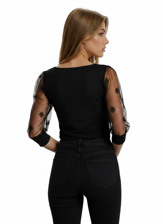 Camicetta donna elegante Teria 3/4 Eldar nero- viscosa, maniche a palloncino, tulle ricamato, scollatura rotonda, filetto