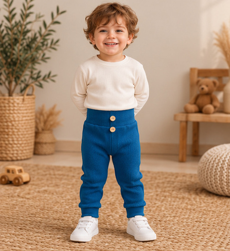 Leggings da bambino LC010 in cotone a coste color mare con bottoni in legno
