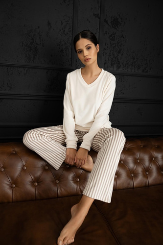 Pigiama donna Sensis Nolia ecru-mocca lunga con tasche e coulisse