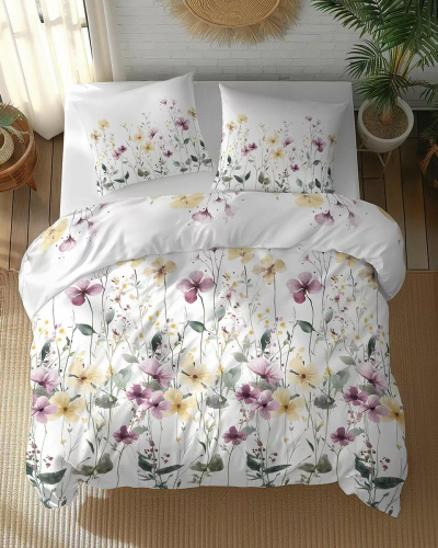 5773 A Cotton Bloom Detexpol biancheria da letto bianca con fiori di campo gialli e viola - 100% cotone, reversibile, produzione polacca