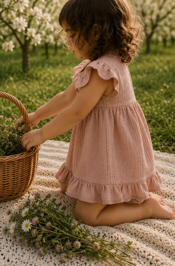 Mamatti SA50410 abito bambini in mussola rosa polvere leggero e traspirante