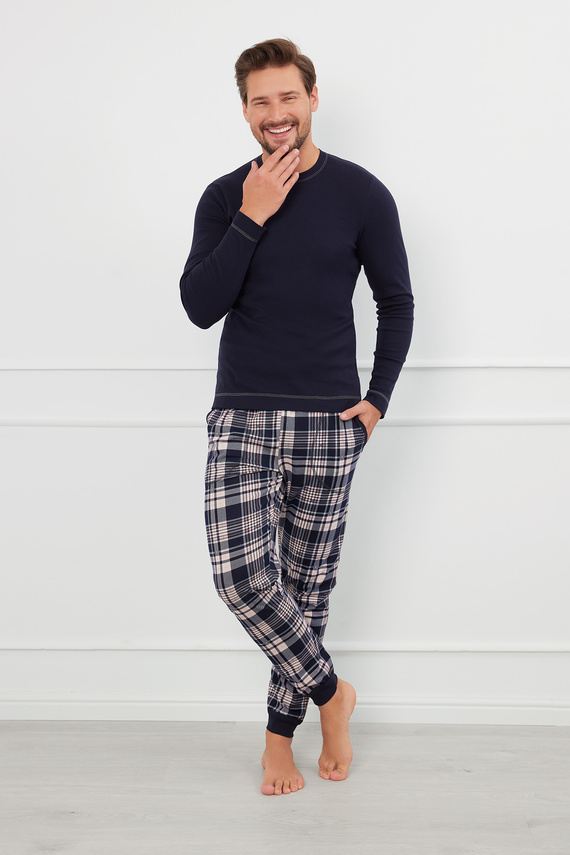 Brit Pajamas Uomo manica lunga, pantaloni lunghi Moda italiana - blu navy/stampa