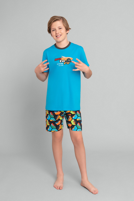 Pigiama da bambino a maniche corte, pantaloni Moda Italiana - turchese/stampa