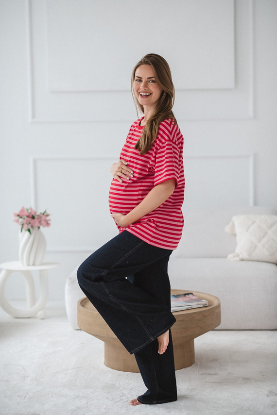 Mamahood Maglietta per la gravidanza e l'allattamento Milk&Love a righe rosse e rosa, comoda ed elegante