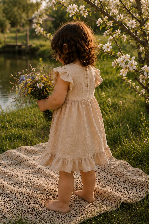 Mamatti SA50415 abito bambino in mussola beige, leggero e traspirante