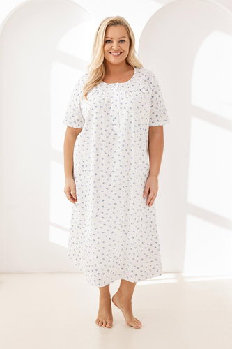 019 Regina Camicia da notte viola - lunga, in cotone, con scollatura con bottoni