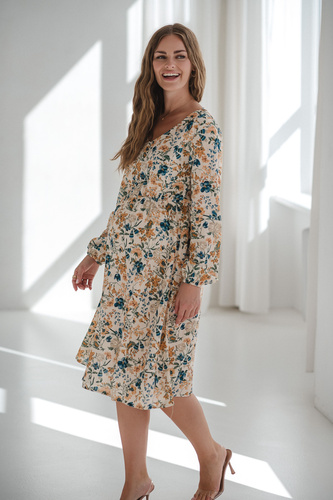 Lovely Dress Midi Milk&Love, abito premaman e da allattamento beige a fiori in lino, taglio elegante con cerniere da allattamento