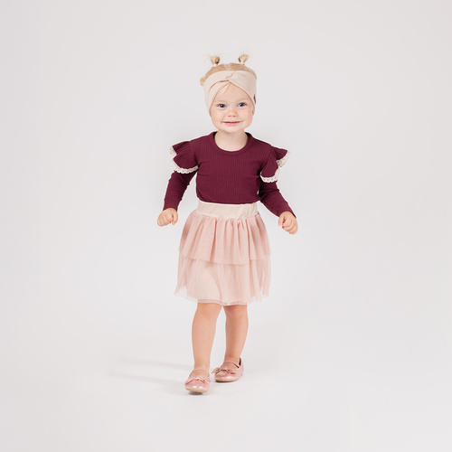 217138 Camicetta in cotone Alisa Nicol - manica lunga, bordeaux, balze con pizzo