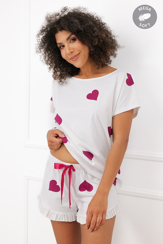 Italian Fashion Soul Pigiama donna corta Mega Soft ecru con cuori bordeaux