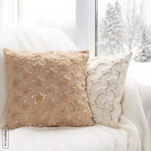 CHP308 Federa natalizia Eurofirany 45x45 con paillettes 3D stelle beige