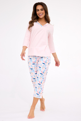 389/455 Nancy Cornette - pigiama da donna in cotone, rosa, manica 3/4 e pantaloni