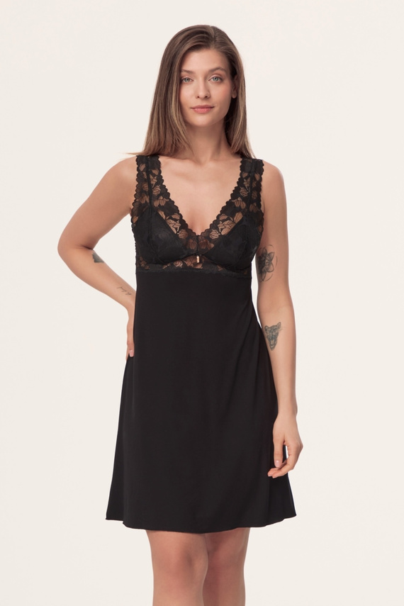 Mefemi Hanna KS01 Camicia da Notte in Viscosa con Pizzo Nera Imbottita