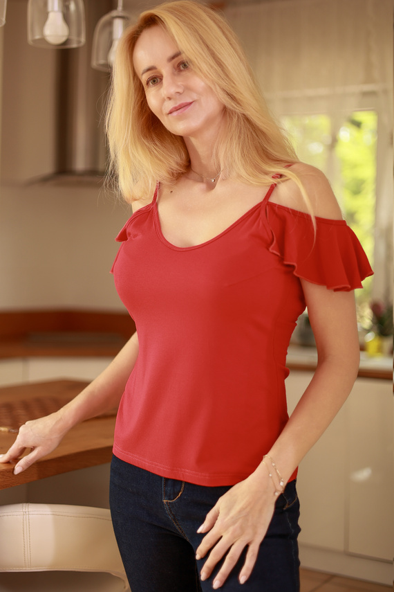 Vera Camicetta da donna Mirale - spalla scoperta, volant, viscosa - rosso