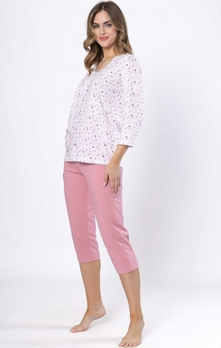 Pigiama da donna Dobrusia 1636 - cotone rosa, manica 3/4, abbottonato