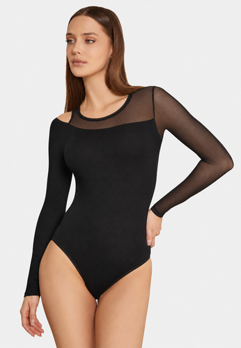Body donna Teyli 2458 nero in viscosa, manica lunga e tulle