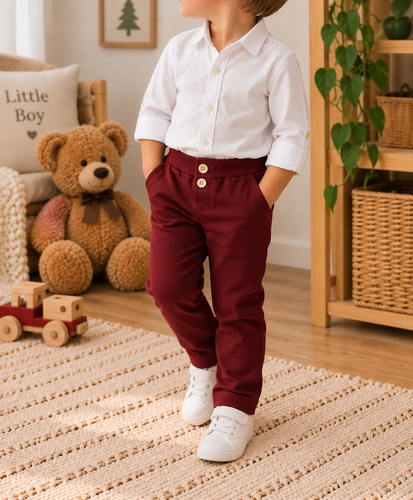 Mamatti SM020 pantaloni bambini in cotone bordeaux con tasche e bottoni in legno