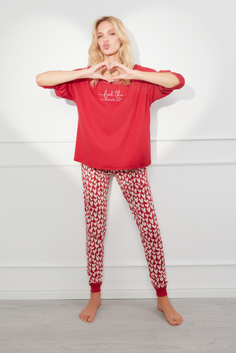 Evora Pigiama donna manica lunga, pantaloni lunghi Moda italiana - rosso/stampa