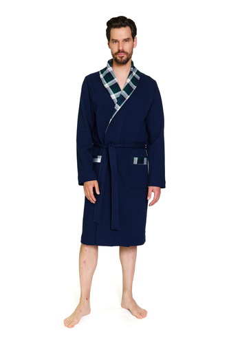 7366 Doctor Nap | Accappatoio premium da uomo blu navy con finiture a quadri - 100% cotone - blu navy