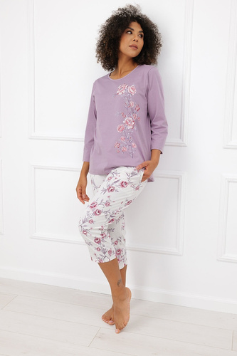 Italian Fashion Karilla Pigiama donna 100% cotone 3/4 fiori lilla