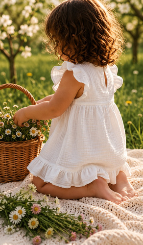 Mamatti SA50402 vestito bambino in mussola bianco, leggero e traspirante